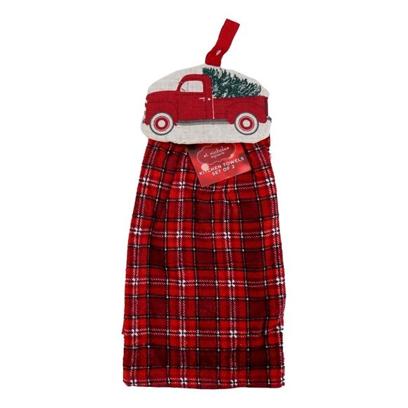 St Nicholas Square Christmas Kitchen Towel Set Of 2 Vintage Truck X-Mas Tree New - Picture 1 of 4